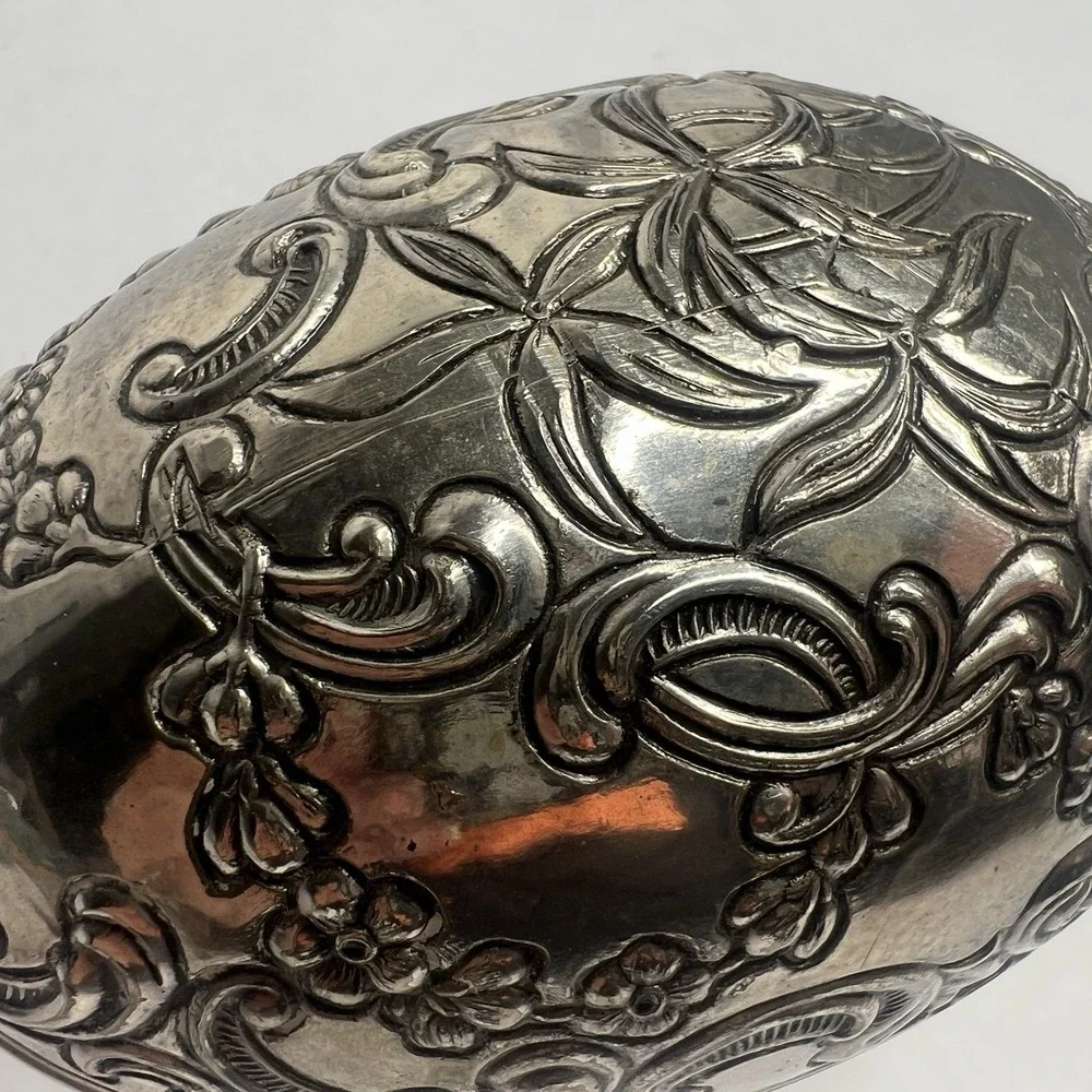 Vintage Jewelry Box Silver Egg Shaped Flowers Embossed Footed Trinket Box Velvet